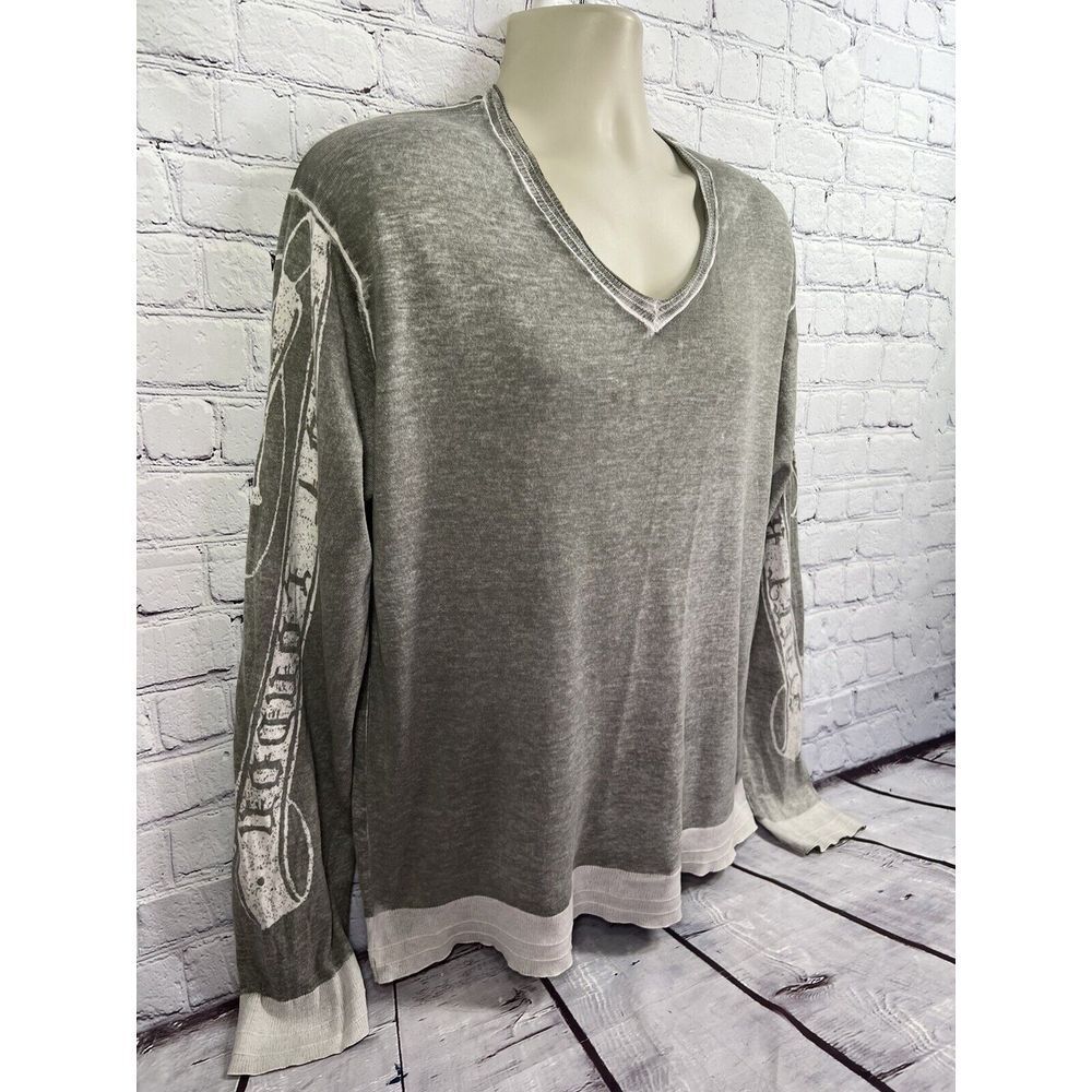 vtg y2k Guess mens thin knit graphic print v neck pullover sweater XL grey - Picture 3 of 6